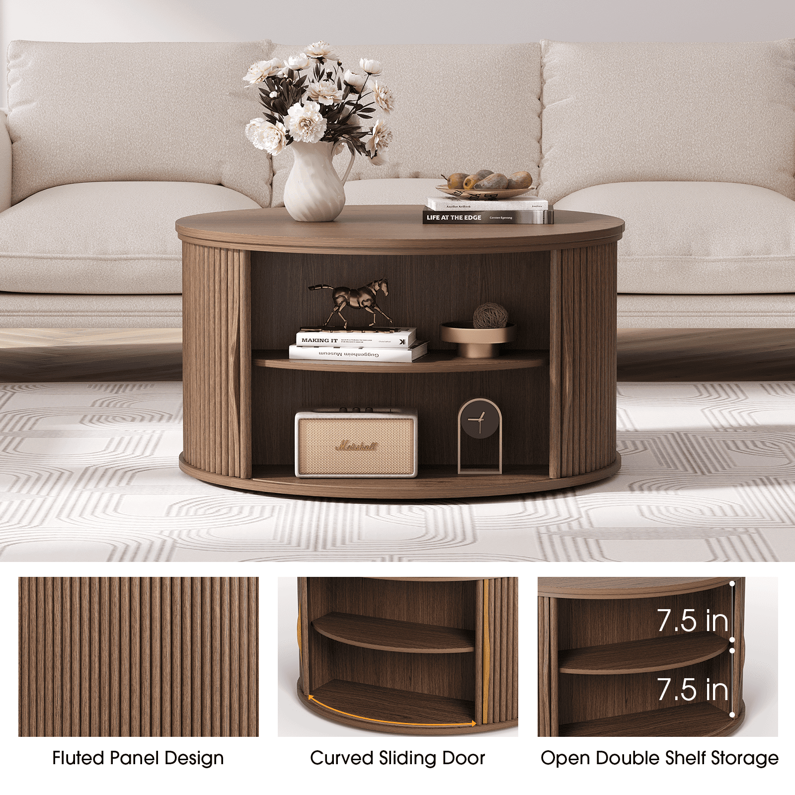 JOINICE Round Coffee Table with Lift Top,Mid Century Modern Wood Center Table with Storage,for Living Room,Walnut
