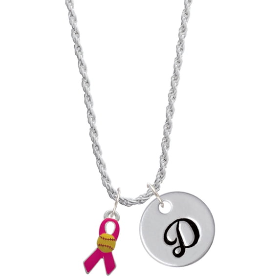 Delight Jewelry Silvertone Hot Pink Ribbon with Softball Silvertone Script Initial Disc - D - Charm Necklace, 20"+3"