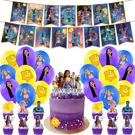 32 PCS For Wish Birthday Party Decorations, With 1 Happy Birthday Banner Garland,18 Balloons,13 Cupcake Toppers for decorative supplies set