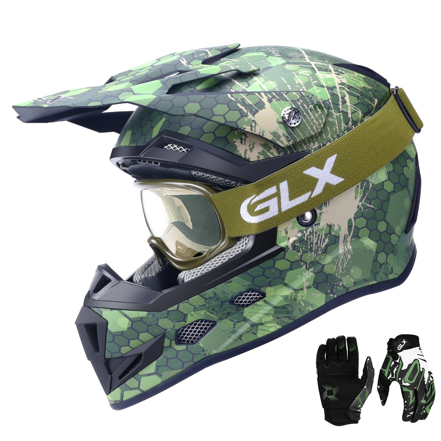 Kids Youth Offroad Gear Combo Helmet & Goggles DOT Motocross ATV Dirt Bike MX Motorcycle Green w/Green XL 