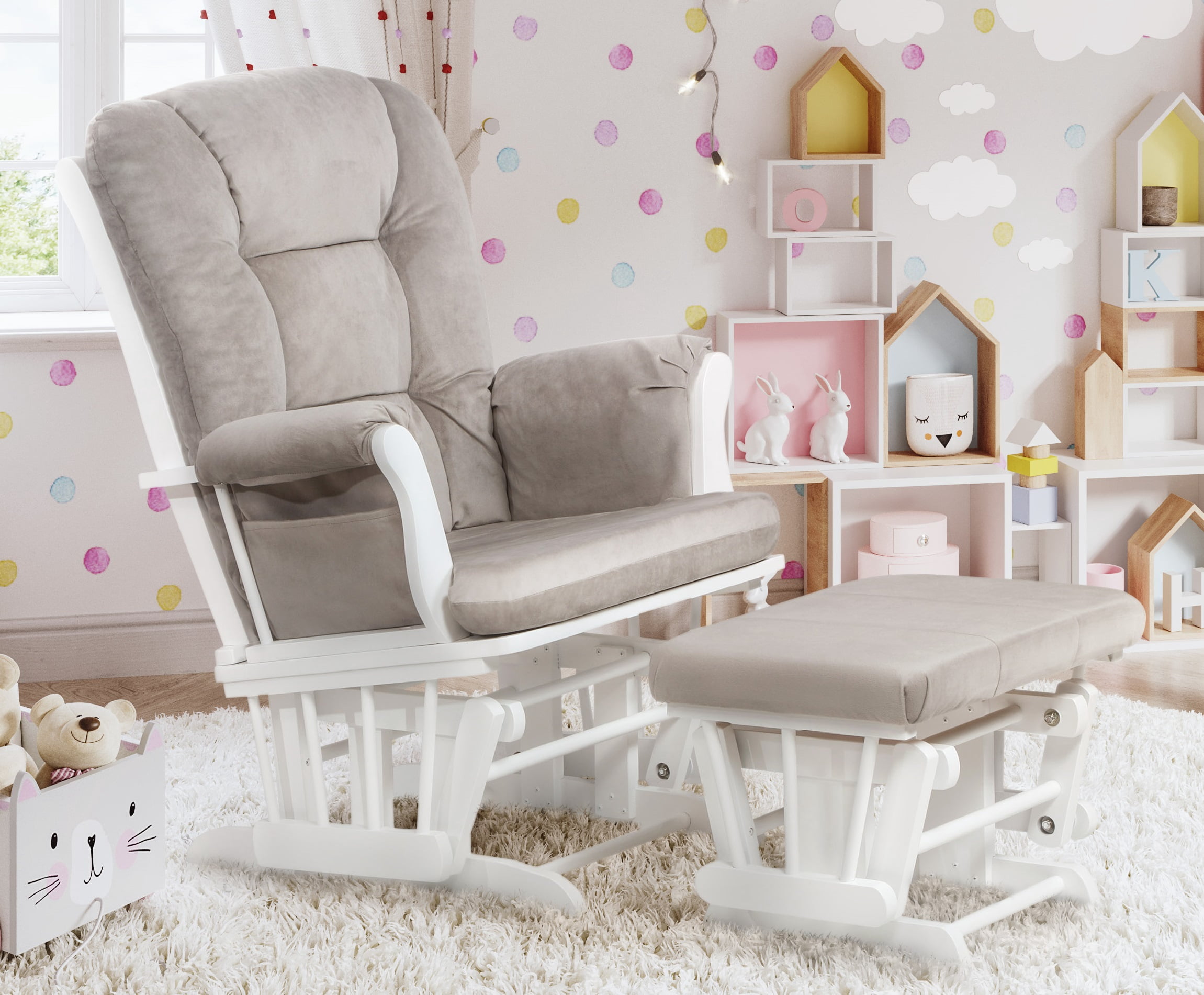 AFG Baby Furniture Kids Modern Comfort Solid Wood Glider Rocking Chair with Ottoman, White