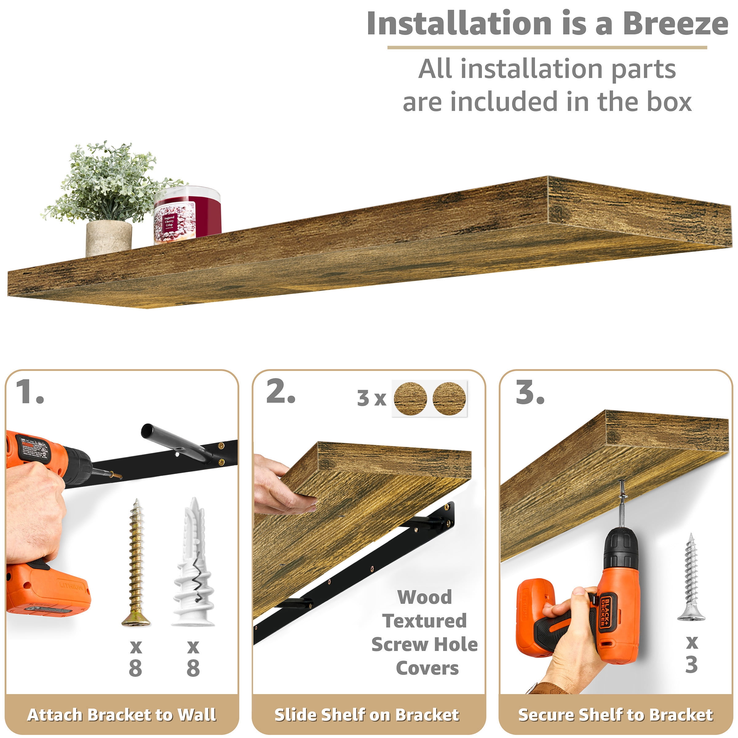 Sorbus 55in Extra-Long Floating Shelves, Wall-Mounted Storage with Hidden Brackets, Brown 2-Pack