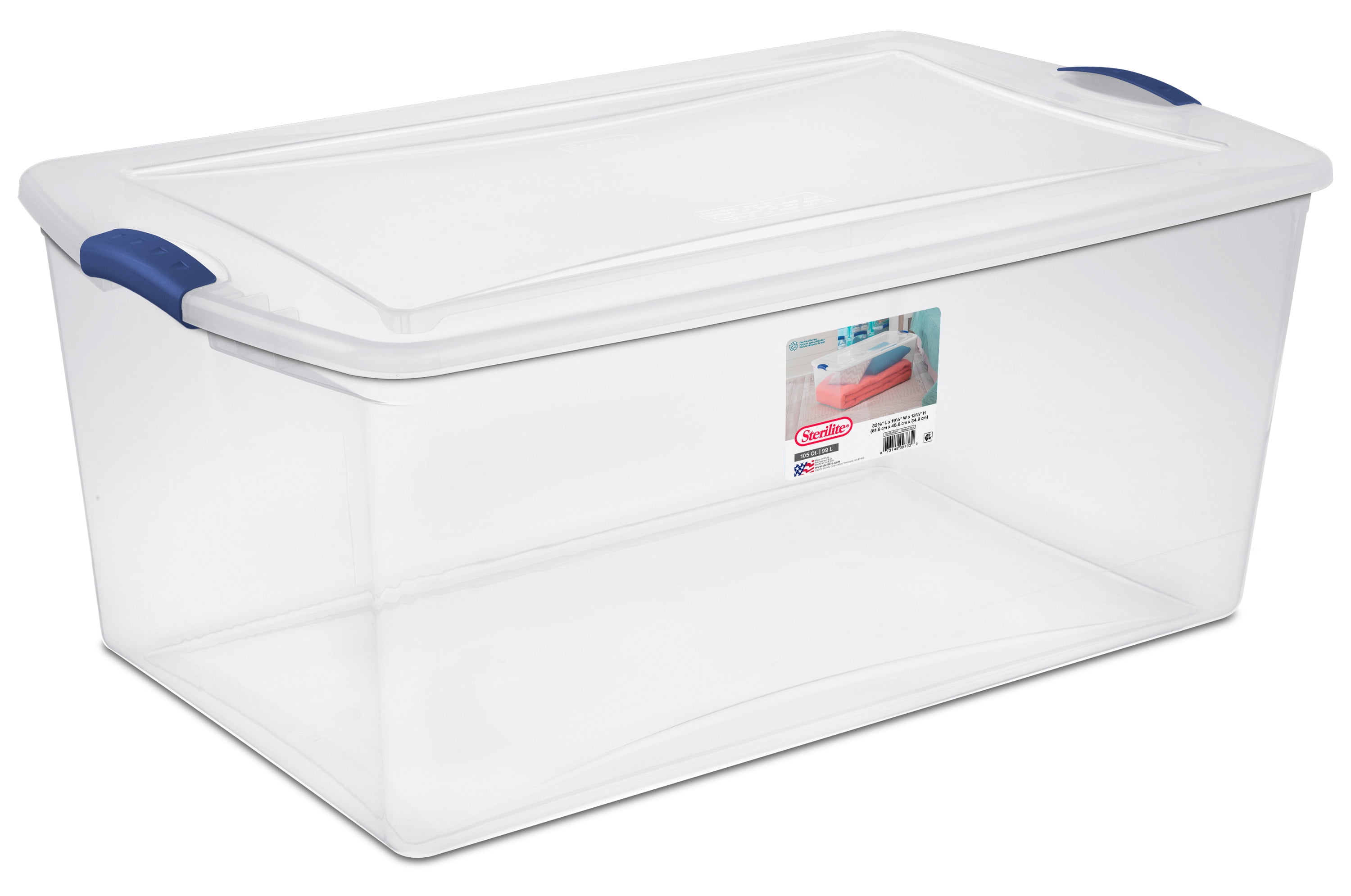 Sterilite 105 Qt. Clear Plastic Latching Box, Blue Latches with Clear Lid 