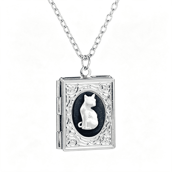 DESIGNICE Unique Cat Locket Necklace for Women Men Book Shaped Photo Locket Hold Picture Pendant Necklace Engraved Flowers Souvenir Memorial Clavicle Memorial Jewelry for Animal Kitten Pet Lover