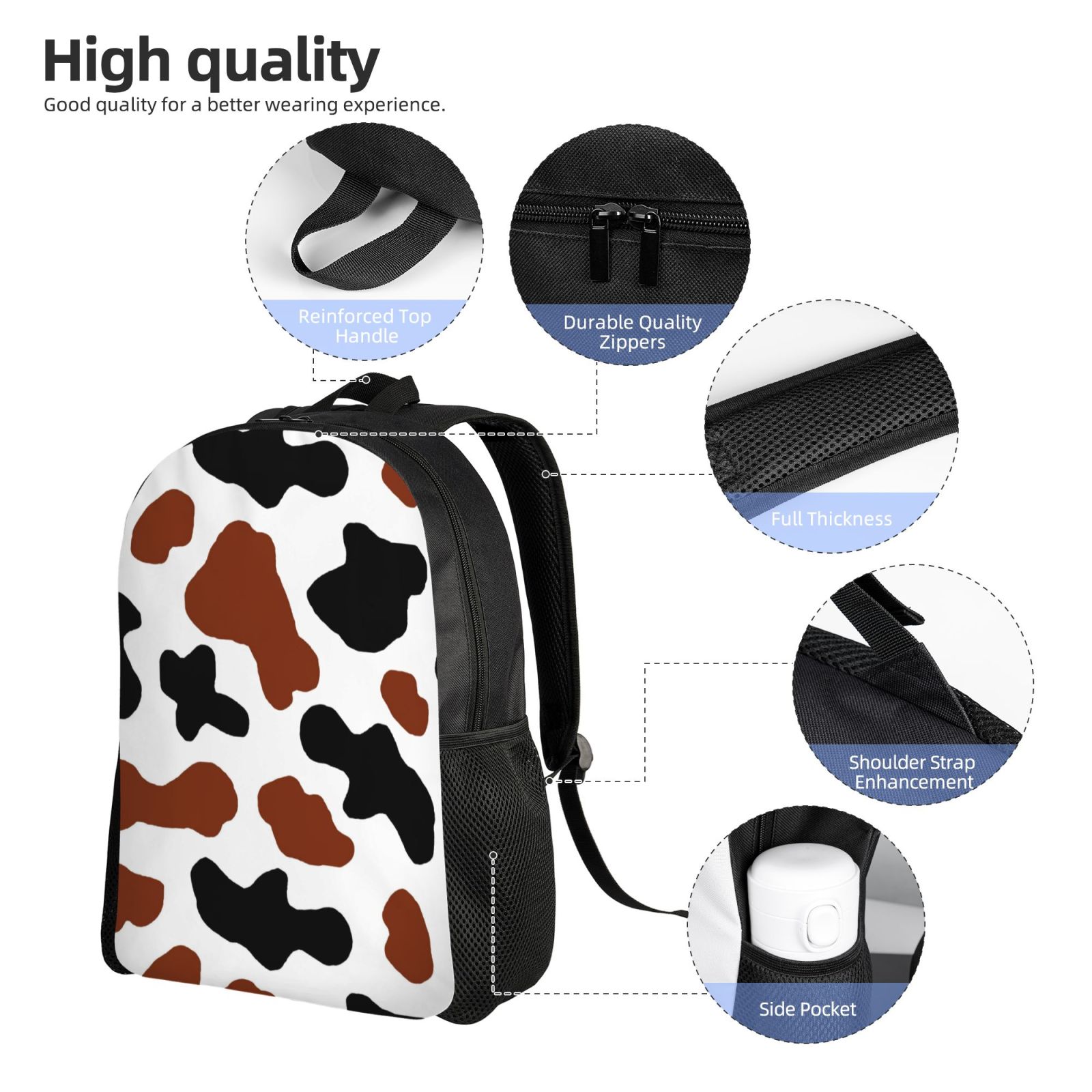 Xecao Brown Black Cow Print School Backpack with Laptop Compartment Small Travel Laptop Backpack for Women Men Waterproof College Backpack Simple School Bag