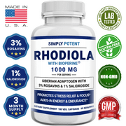 Siberian Rhodiola Rosea Capsules, Max Absorption Rhodiola 1000mg 180 Pills with 10mg Bioperine, Rhodiola Root Powder Extract Supplement w 3% Rosavins & 1% Salidroside for Stress Relief, Mood & Energy