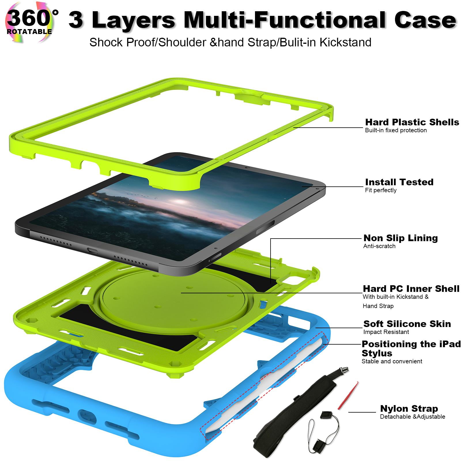 TECH CIRCLE for Apple iPad Mini (A17 Pro/A15) 7th/6th Generation Case 8.3" (2024/2021 Release), Durable Shockproof Protective Back Cover Case with Kickstand /Hand Strap /Shoulder Strap, Blue + Green