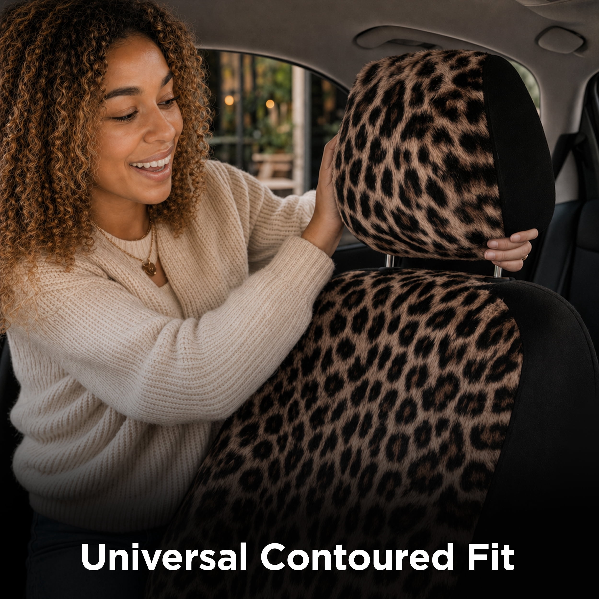 Auto Drive 2-Piece Fur Leopard Seat Covers for Cars, SUVs, and Crossovers, Brown