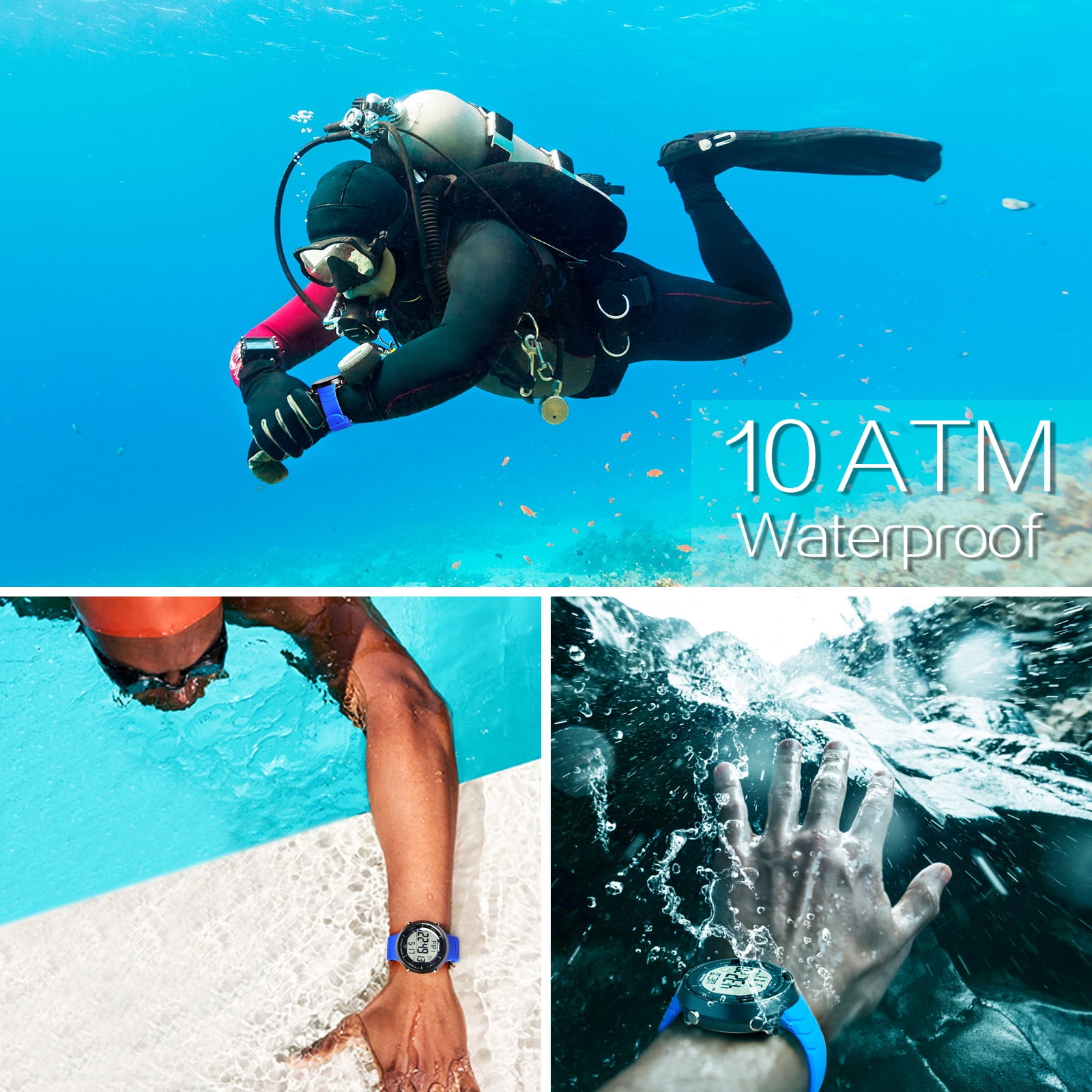 Big Face Sports Wrist Watch 10 ATM Waterproof for Men Swimming and Diving with Alarm Clock, Stopwatch, Timer, Dual Time Zone, Calendar, Backlight, 12 or 24 Hours Format