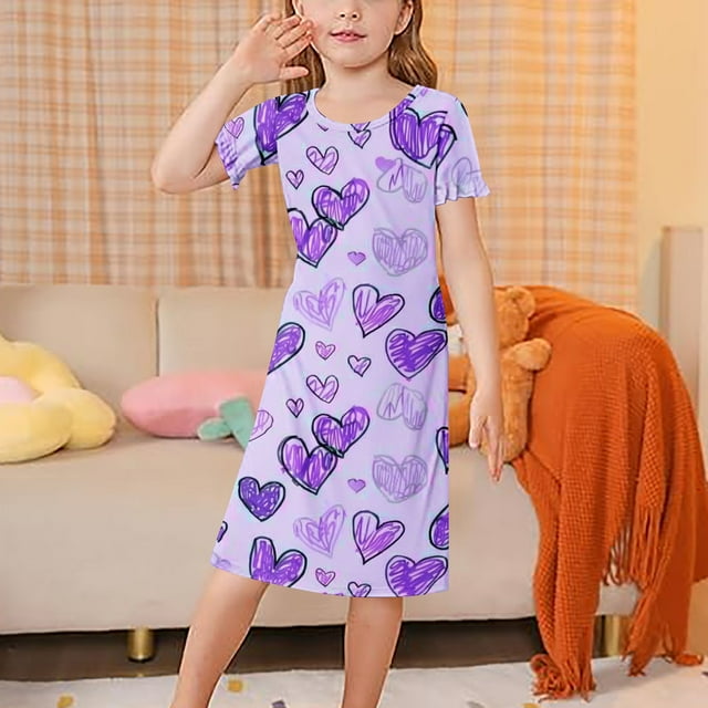 TIMIFIS Robe Graphique pour Filles Tout-Petits, Chemise de Nuit Fluide Confortable Couleur Unie Décontractée, Vêtement de Nuit Doux à Manches Courtes Léger, Robe de Pyjama Élégante pour Enfants, pour 3-12 Ans