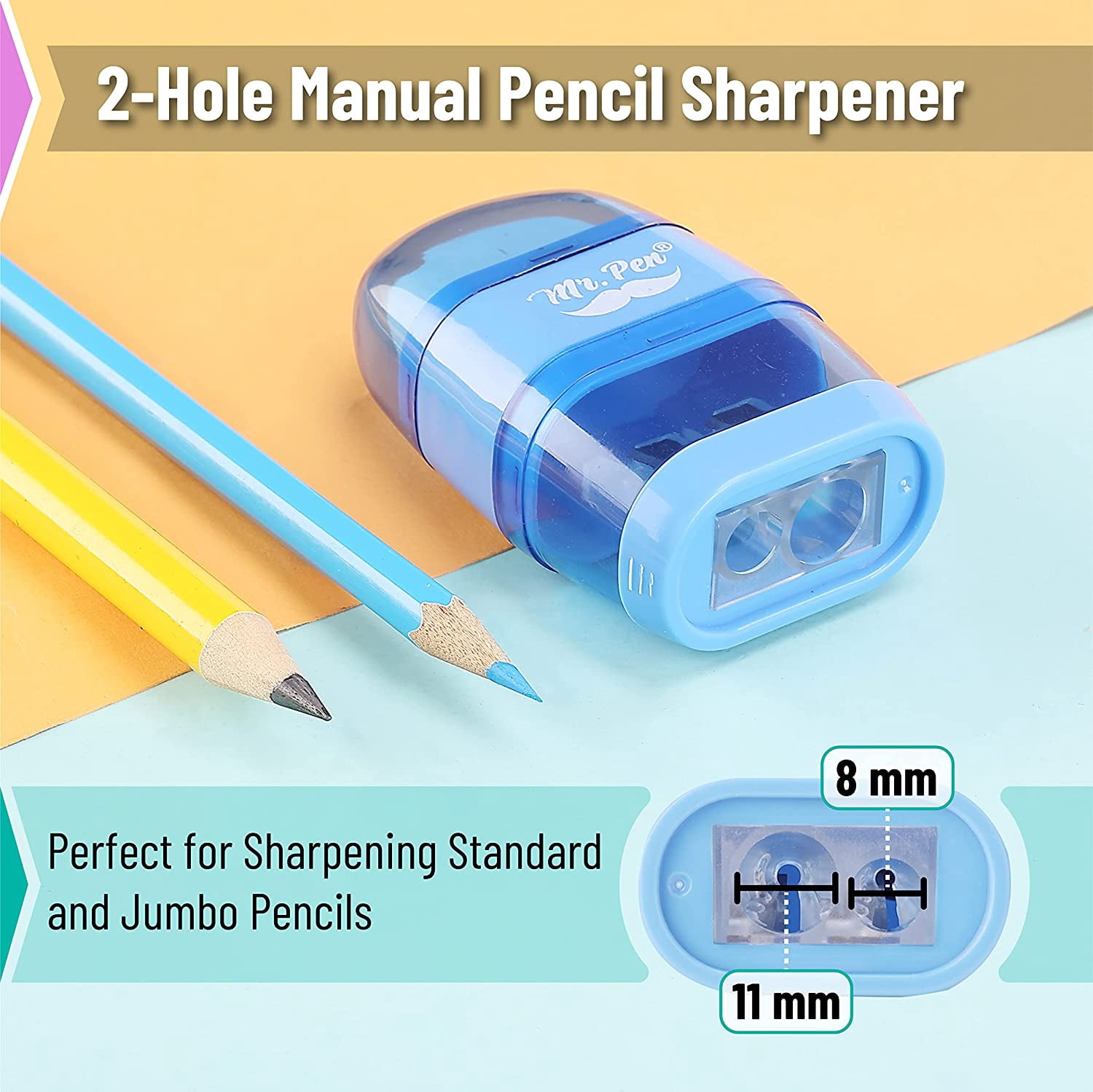 Mr. Pen- Pencil Sharpener & Eraser, 4 Pack, Colorful, 2 Sharpening Holes
