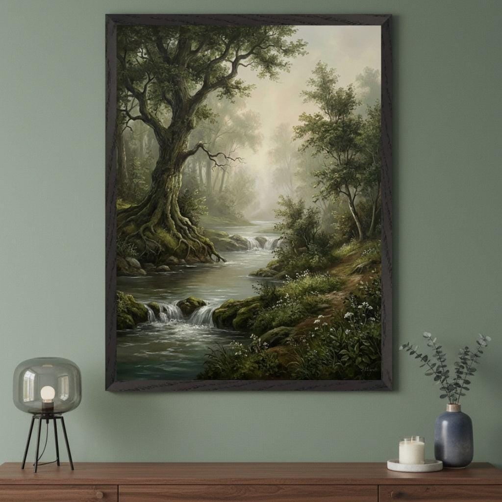 Gnarled Oak Tree Living Room Print Wall Art misty forest landscape decor woodland river nature scene cottagecore art rustic nature art