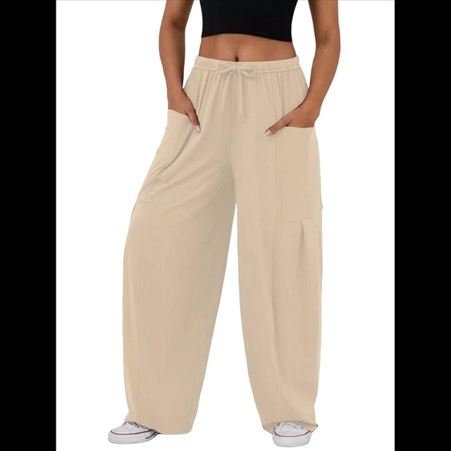 Pantalones Bombachos Holgados de para Mujer, Pantalones Casuales de Verano con Cordón, Ropa de Viaje con Bolsillos 2025 Albaricoque XL