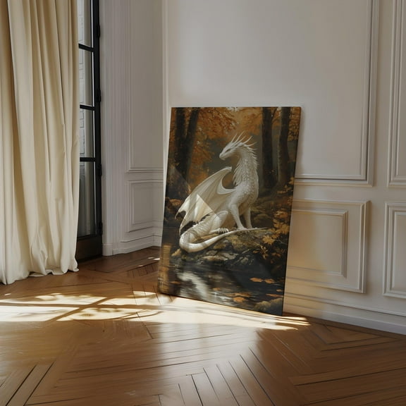 Majestic White Dragon - Autumn Forest Fantasy Decor - Mythical Creature Poster For Home Or Office Wall Art, Modern Wall Decor, 8x12 UNFRAMED