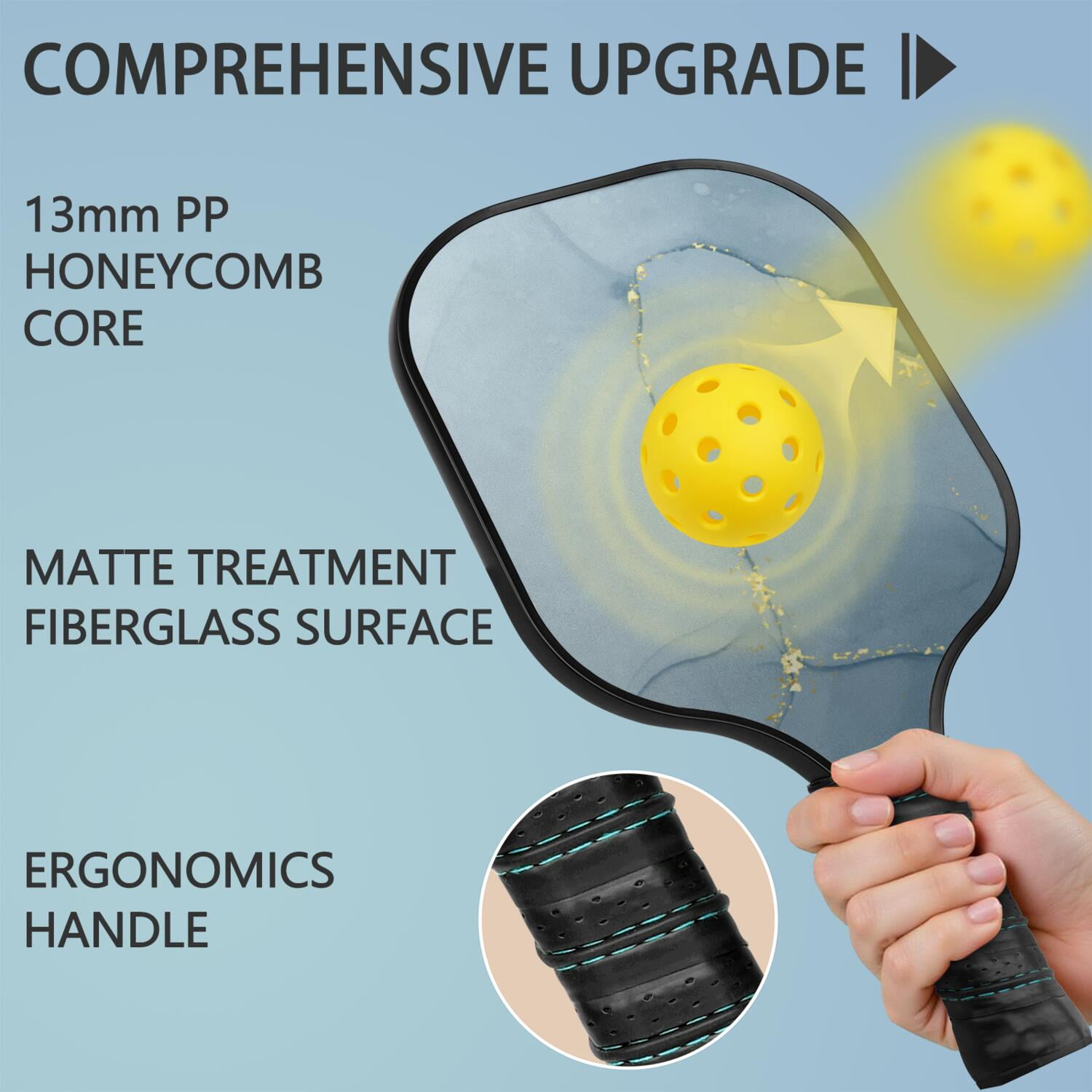 Pickleball Paddles Set Of 1, Fiberglass Surface, Turquoise Marble Pattern, 1 Paddle, 2 Balls & Bag