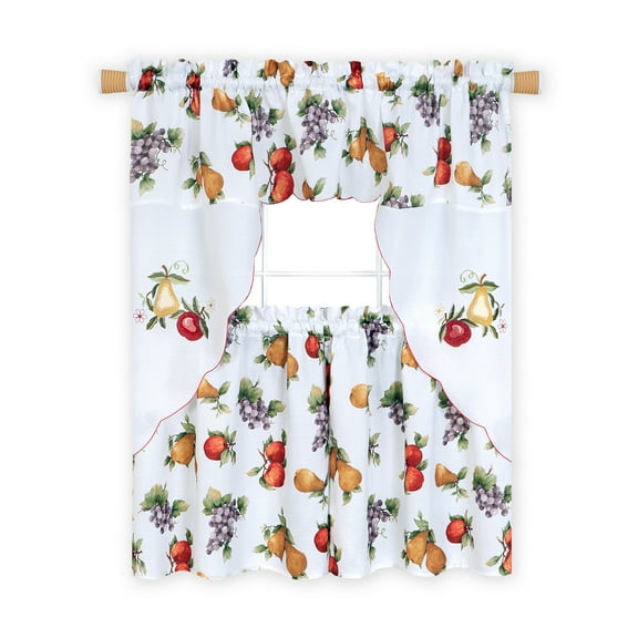PowerSellerUSA Floral Butterflies Tier Panels and Swag Curtains, 3-Piece Window Curtains & Valance, For Kitchen or Living Room, Cafe Curtains for Small Windows, Floral Fruits, 58" W x 24" L