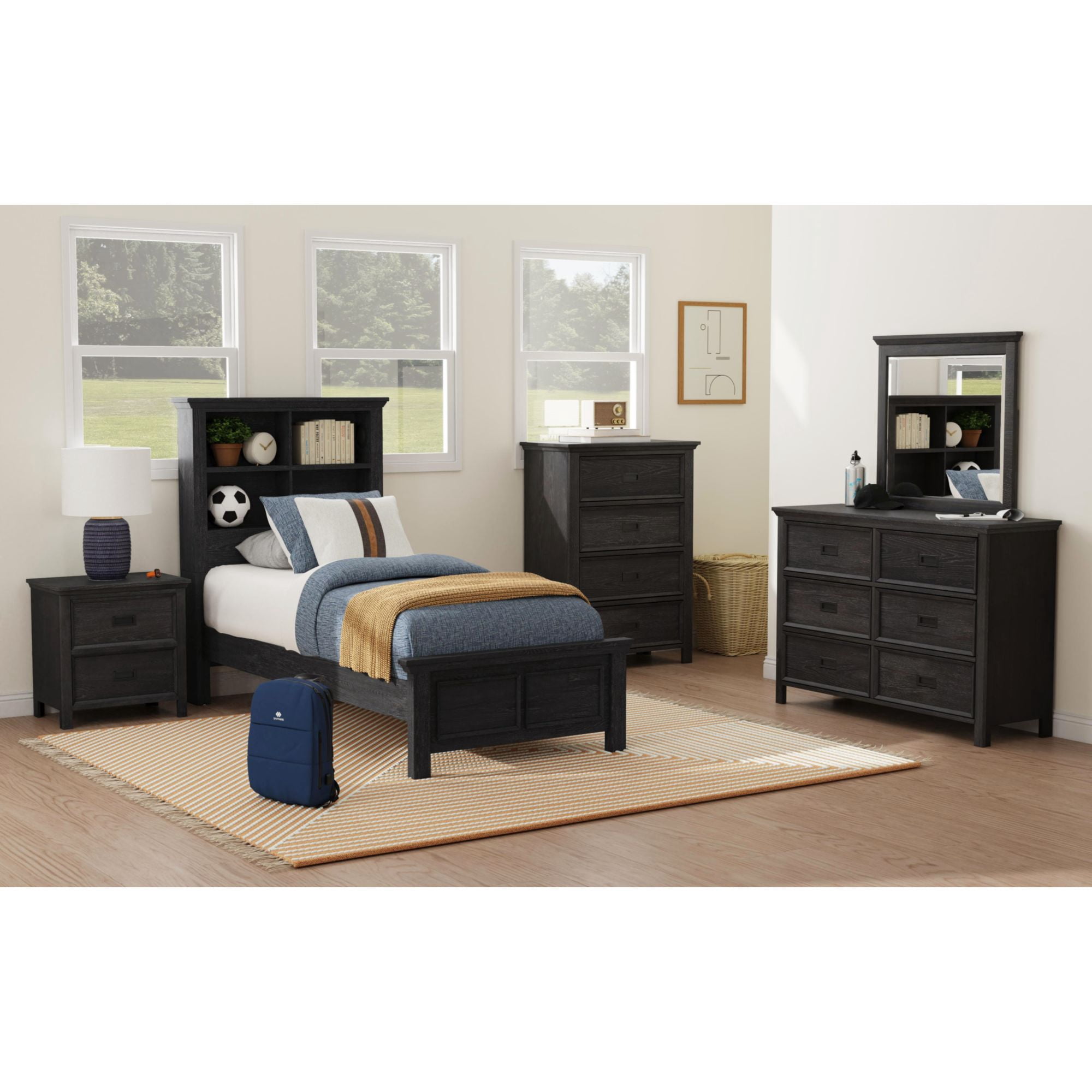Brooklyn Kids Twin Bookcase 5PC Bedroom Set in Charcoal
