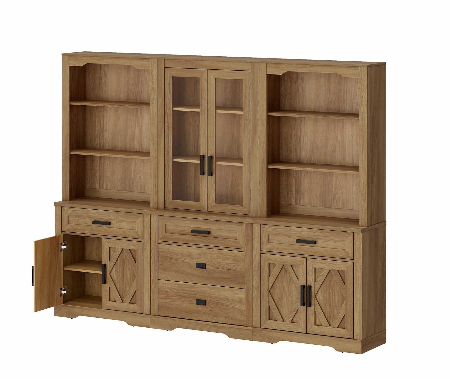 WAMPAT Modern Farmhosue 3-Column BookShelf Set,5 Tier Book Shelf with Open Storage and Glass Doors,73"H Tall Wood Bookcase with Storage Cabinet and Drawers for Study,Bedroom,Living Room,Vintage Oak