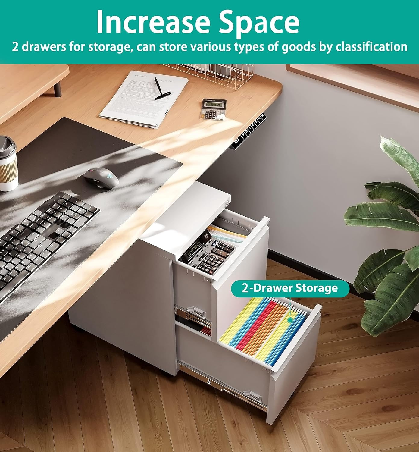 HZshop 2 Drawer File Cabinet with Lock and Wheels,White Rolling File Cabinets,Locking Mobile Metal Filing Cabinet for Home Office,Under Desk,Fit A4/Letter/Legal File, Easy Assembly