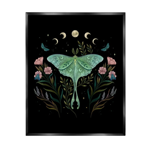 Stupell Industries Luna Moth with Florals Animals & Insects Painting Black Floater Framed Canvas Art Print Wall Art, 17 x 21