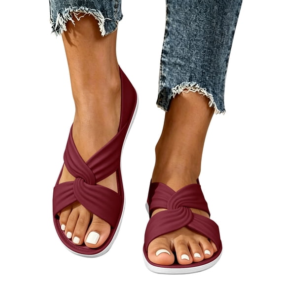 Qingpeng Womens Open Toe Flat Slide Sandals Crisscross Knotted Straps Padded Footbed Slip On Summer Walking Shoes