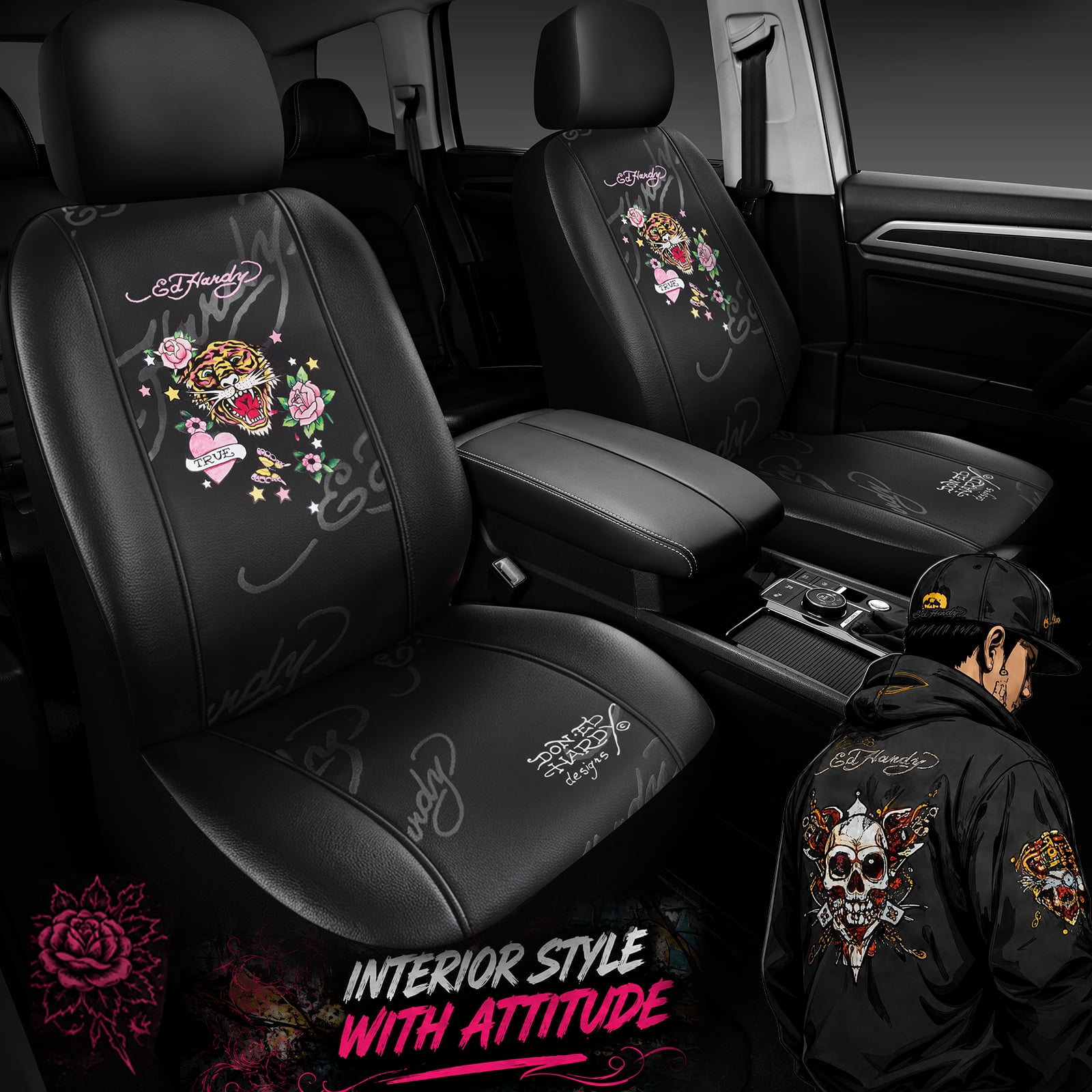 Ed Hardy Car Seat Covers,Pink Heart Floral Tiger Graphic Front Seat Covers, Fashion Seat Cover Set, Stylish Anti-Slip Universal Fit for Cars SUVs Trucks