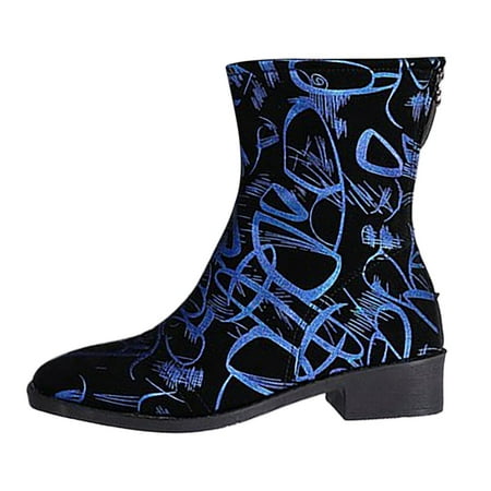 

VMESZQFG Boots for Women Cowboy Boots Women Wide Calf Women Solid Color Print Water Proof Mid Calf Boots Winter Versatile Thick Heeled Wide Calf Boots for Women Flat Blue