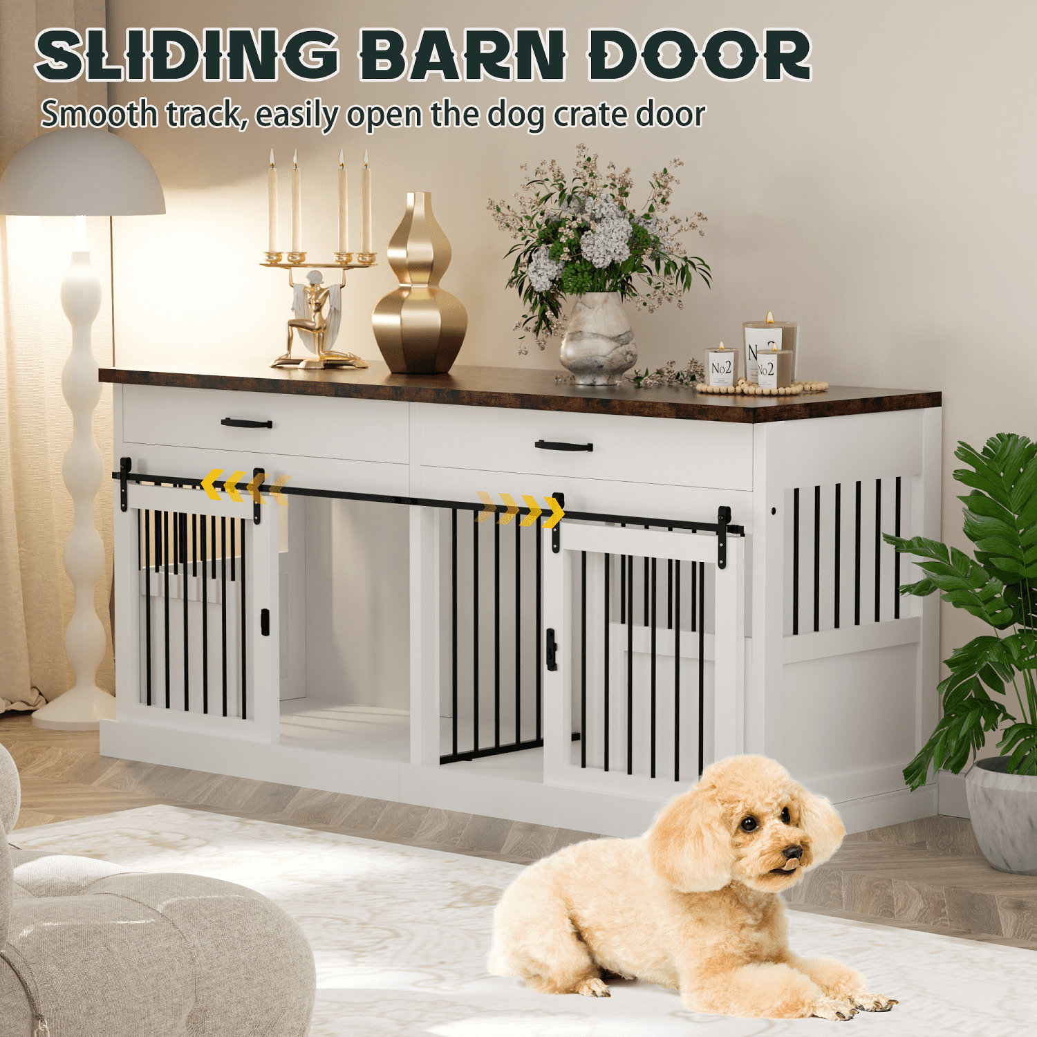 70.9'' Heavy-Duty Wooden Kennel Cage, Large Dog Crate Furniture with 2 Drawers and Divider, TV Stand End Table for 2 Large Dogs, White