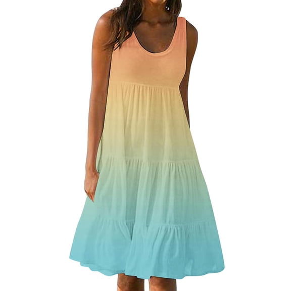 Alkepwun Sun Dress Women's Colour-Block Sleeveless Round-Neck Layered Tiered Dresses Loose Lightweight Breathable Beach Vacation Sundress