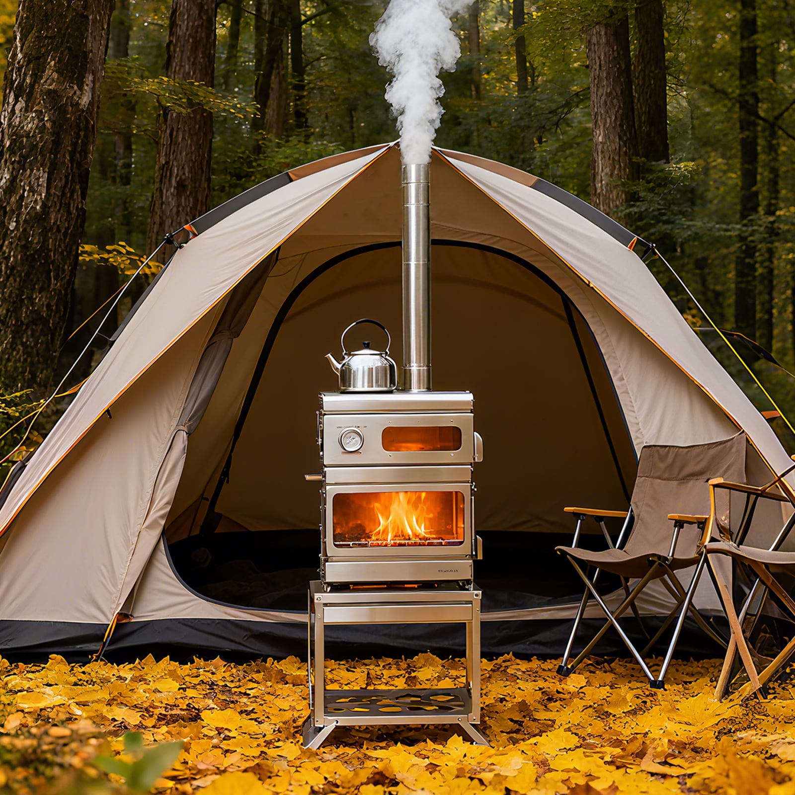 Wood Burning Stove with Oven and Rack - Camping Tent Stove with Chimney Pipe, Stainless Steel Hot Tent Stove for Outdoor, Cooking, Hiking