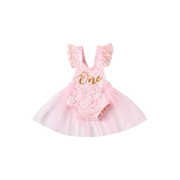 wybzd Baby Girl 1st Birthday Outfit Lace Tulle Romper Princess Tutu Dress First Birthday Photography Clothes Pink 12-18 Months