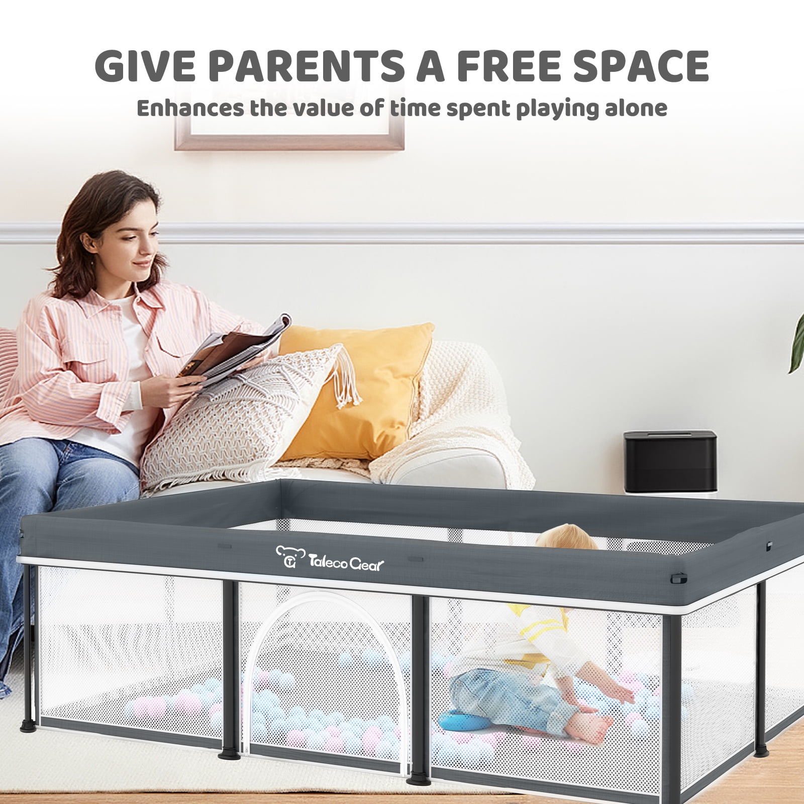 Foldable Baby Playpen with Mat, Collapsible Play Pen for Babies and Toddlers, Indoor & Outdoor Kids Safety Play Pen, Portable Play Yard with 50 Ocean Balls, 50"×70", Gray