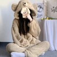 thumbnail image 1 of Conjunto de pijama con capucha y orejas de oso para mujer, ropa de dormir bonita de lana de Coral, ropa de casa cálida Kawaii, conjunto de 2 piezas, Otoño e Invierno, 1 of 4