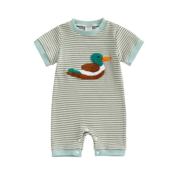 BemeyourBBs Infant Baby Boy Mallard Duck Outfits Newborn Summer Romper Crew Neck Short Sleeve Waffle Knit Embroidery Striped Jumpsuit One Piece Clothes