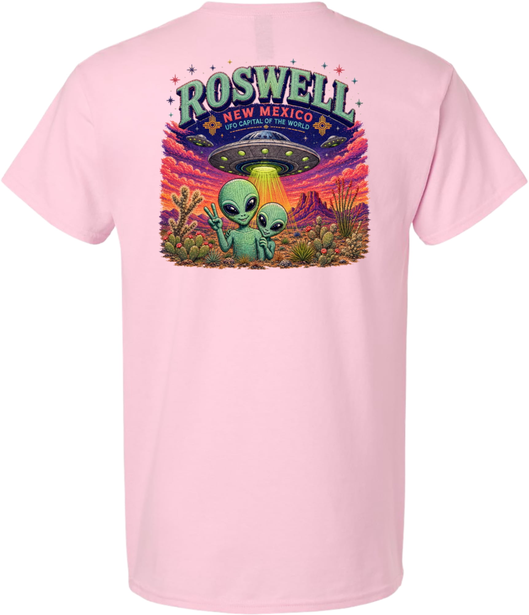 Roswell Faux Embroidery Graphic Print Front and Back Short Sleeve T-Shirt