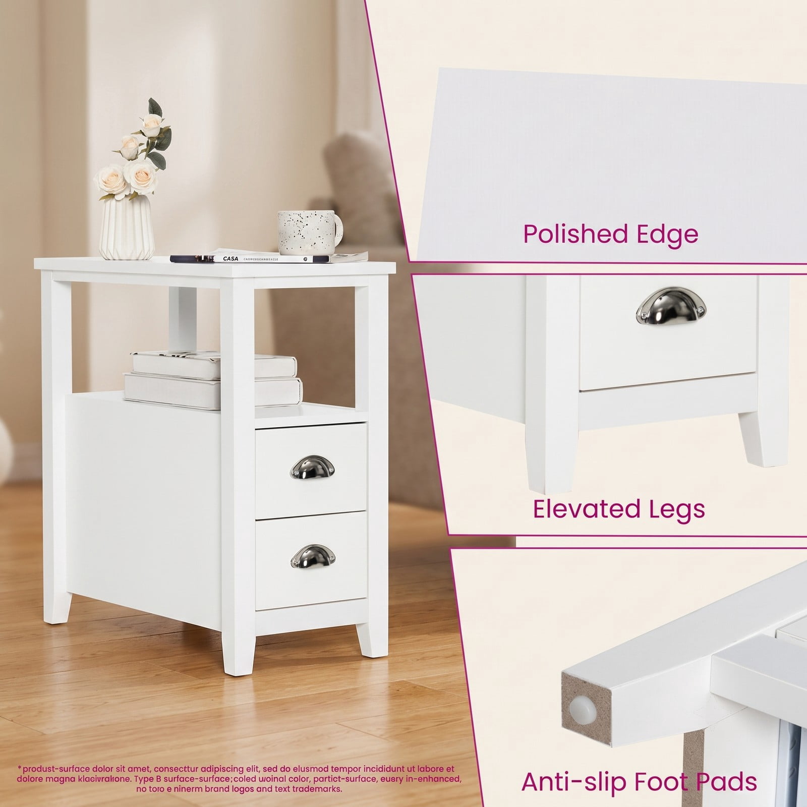 Furnibear Set of 2 Wooden Bedside Nightstands with 2 Drawers and Open Shelf for Bedroom Living Room and Guest Room, White