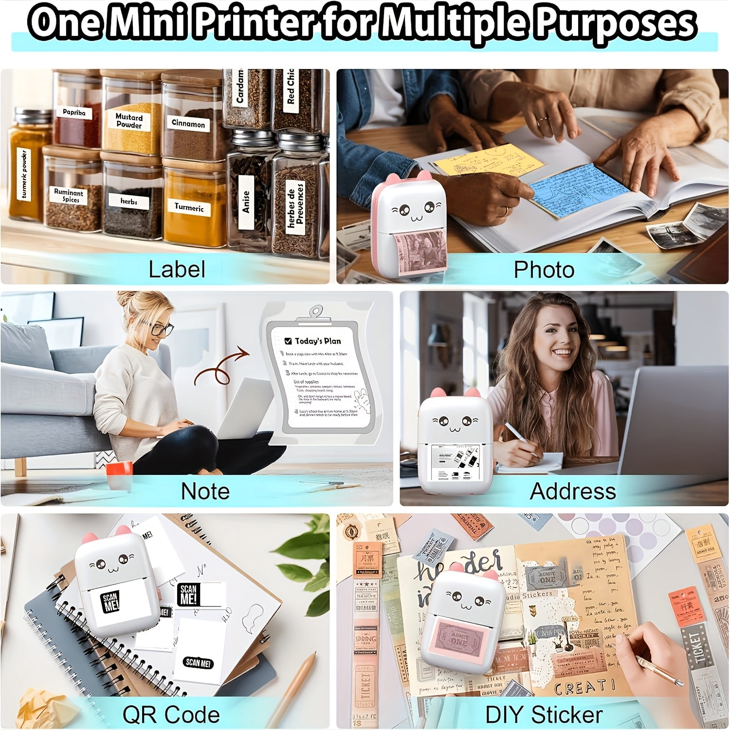 5 Rolls Of Paper Sold Separately, Cute Meow Portable High-definition Mini Printer - USB Charging, Ink Free Thermal Printing, Monochrome Photo And Label Machine, Perfect Choice for Homework And Notes