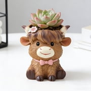 Highland Cow Planter, Cute Resin Flower Pot Ornament with Holder, Desktop Home Decor Figurine for Shelf Desk Mantelpiece and Garden Decoration