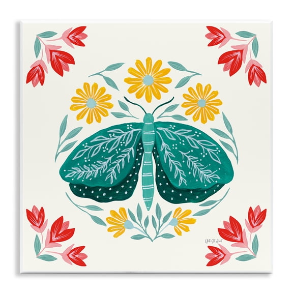 Stupell Industries Green Folk Butterfly Insects Painting Unframed Art Print Wall Art, 12 x 12