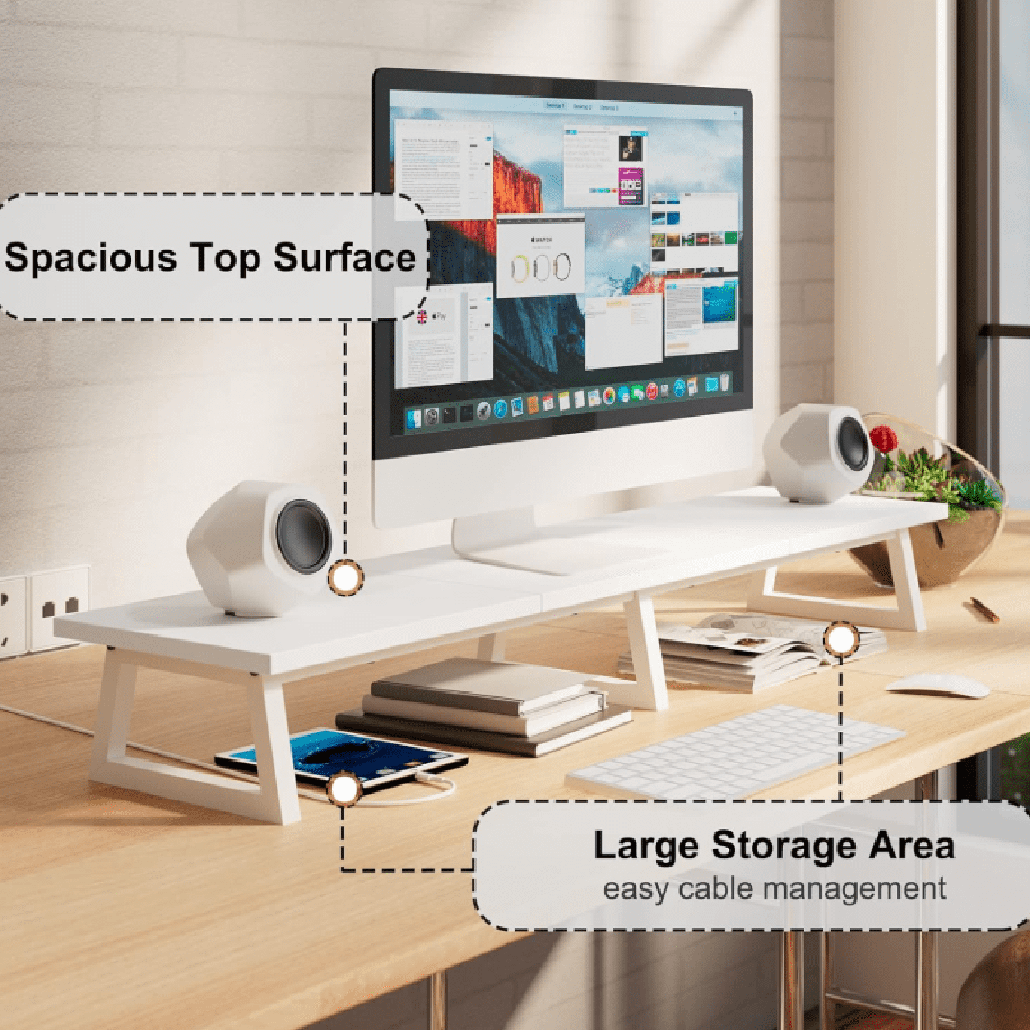 White Dual Monitor Riser for 2 Monitors-42inch, Wood Desktop Dual Stand with Metal Legs, Long Screen/PC/Laptop Storage,Computer Shelf TV Holder Home Office