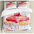 thumbnail image 1 of Dessert King Size Duvet Cover Set, Ink Splatter Watercolor Illustration of Cherry Sweet Buttercream Frosting Cupcake, Decorative 3 Piece Bedding Set with 2 Pillow Shams, Multicolor, by Ambesonne, 1 of 3