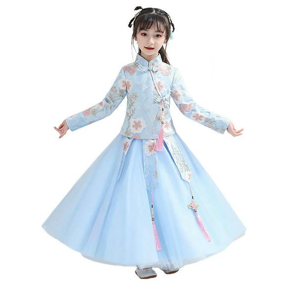 Ruyang Chinese Princess Dress Clothes for Girls Kids Tang Dynasty Traditional Floral Embroidery Vintage Fairy Dress