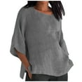 thumbnail image 2 of Idoravan Long Sleeve Shirts for Women Clearance Women's Ladies Fashion Cropped Sleeve Solid Cotton Loose Shirt Blouse Top, 2 of 6