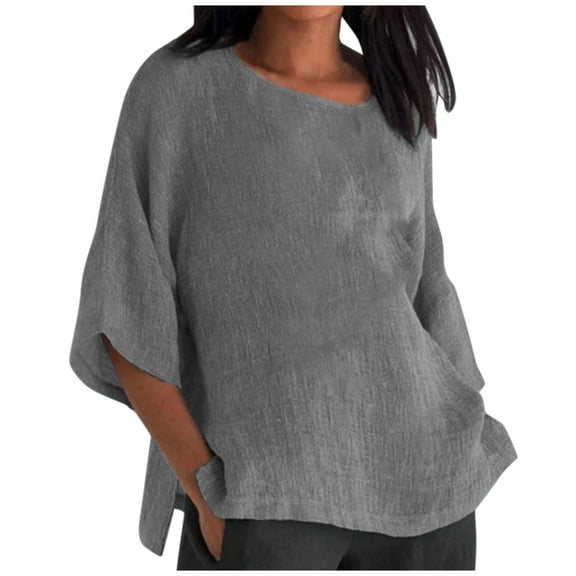 JINMGG Fall Tops Women's Ladies Fashion Cropped Sleeve Solid Cotton Loose Shirt Blouse Top Gray L