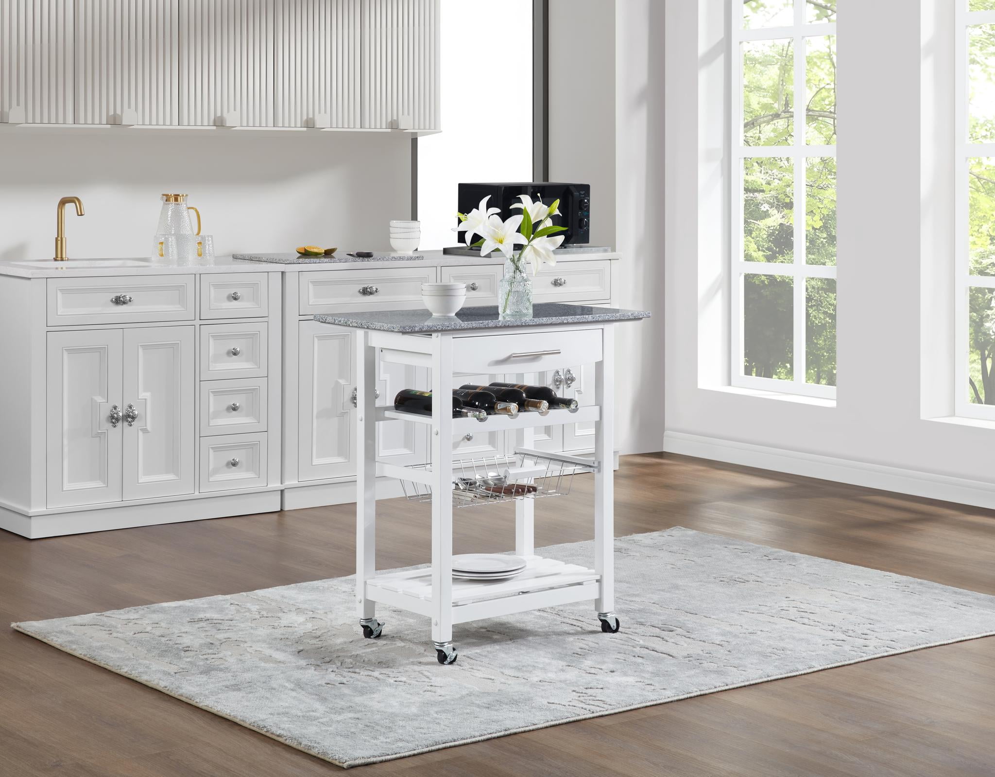 Rolling Kitchen Island Serving Cart with Underneath Drawer & Slide-Out Wire Storage Basket