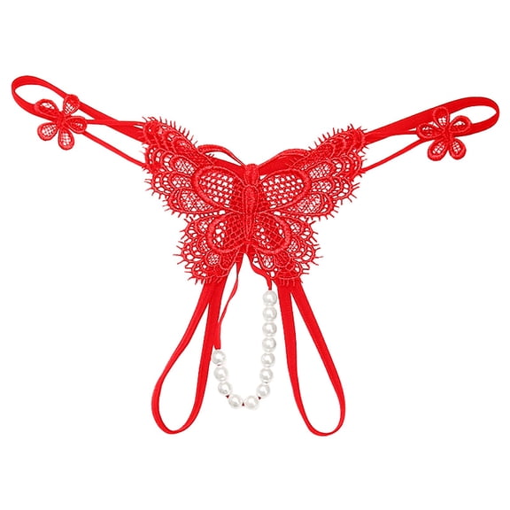 Panties for Women,Embroidered Hollow Low Waist Underwear Open Cut Thong with Pearl Massage Detail,Womens Underwear,Red,One Size