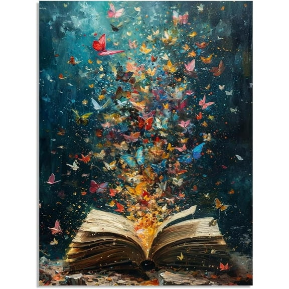 AVOI Vintage Wall Art-Colorful Butterflies Fly Out Of The Books Poster For Book Lover Gifts Library Decor-Dark Academia Canvas Print Picture For Living Bedroom Office Decor Unframe: 16x16in