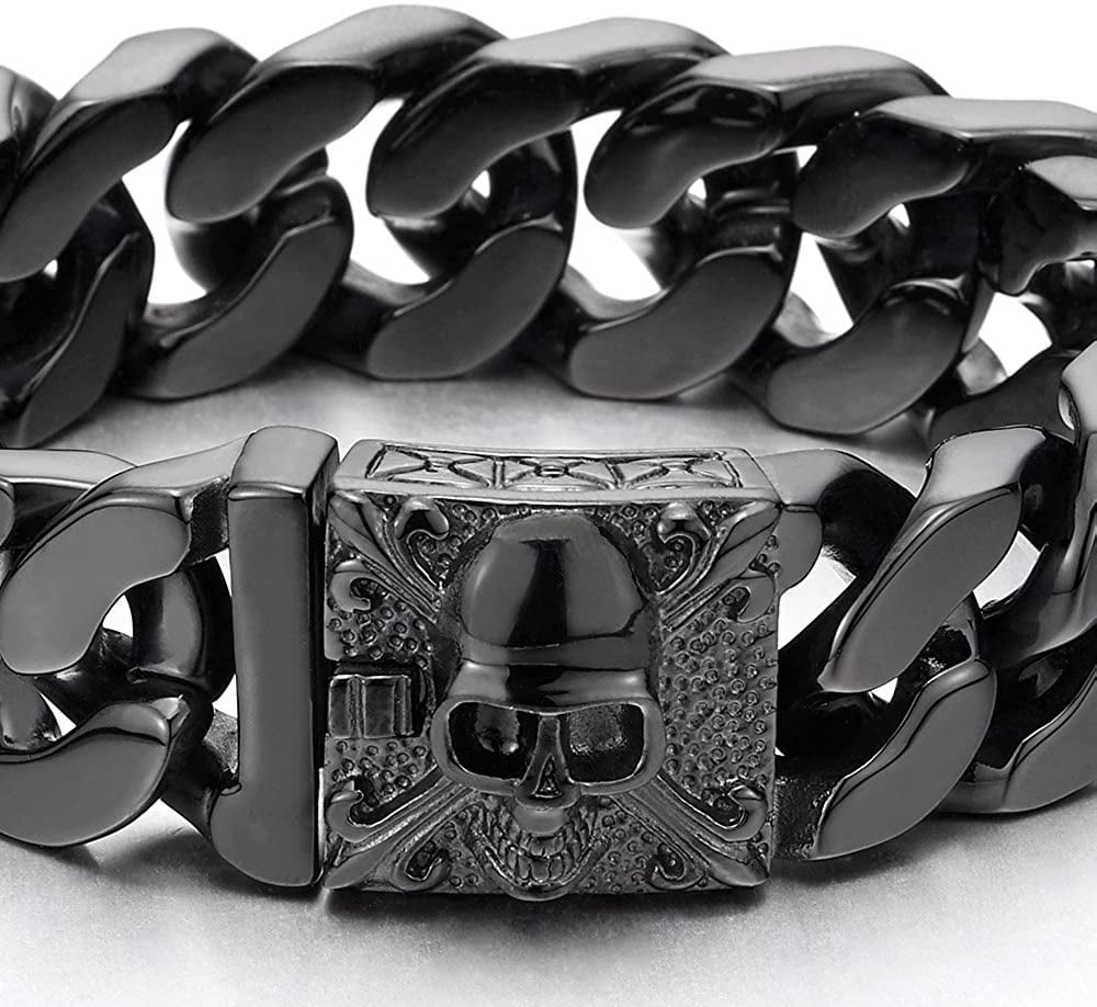 Heavy Men's Silver Stainless Steel Skull Curb Chain Link Gothic Bracelet 9.25" 