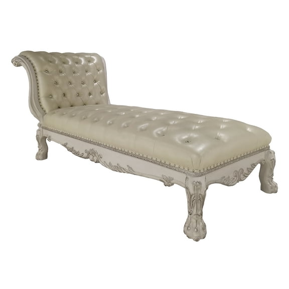 ACME Dresden Faux Leather Upholstery Button Tufted Chaise in Bone White