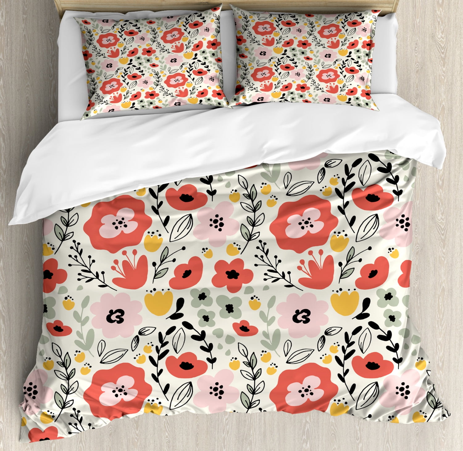 Wildflower Duvet Cover Set Queen Size, Abstract Fantasy Flowers Herbs
